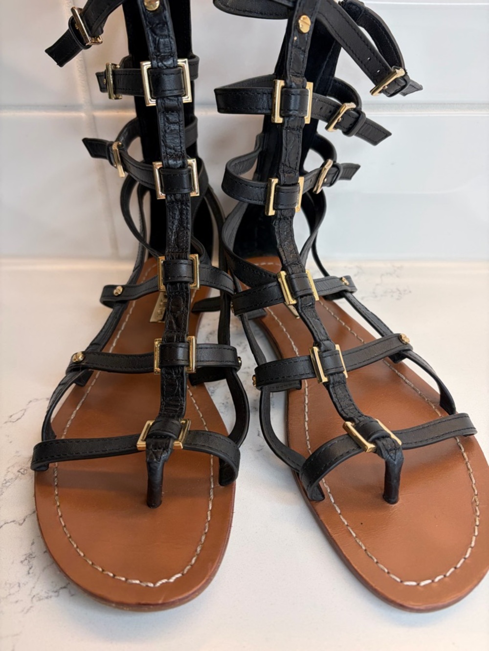 Tory Burch Black Leather Gladiator Sandals Size 8 Gold Hardware